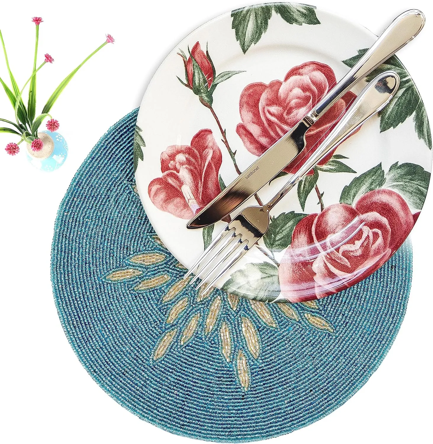 ALPHA Living HOME Beaded Table Mat - 13” Round Charger Plate | Handmade Beaded Placemats for Dining Table | Elegant Glass Bead & Polyester Design | Home & Kitchen Decor (Gold Teal)