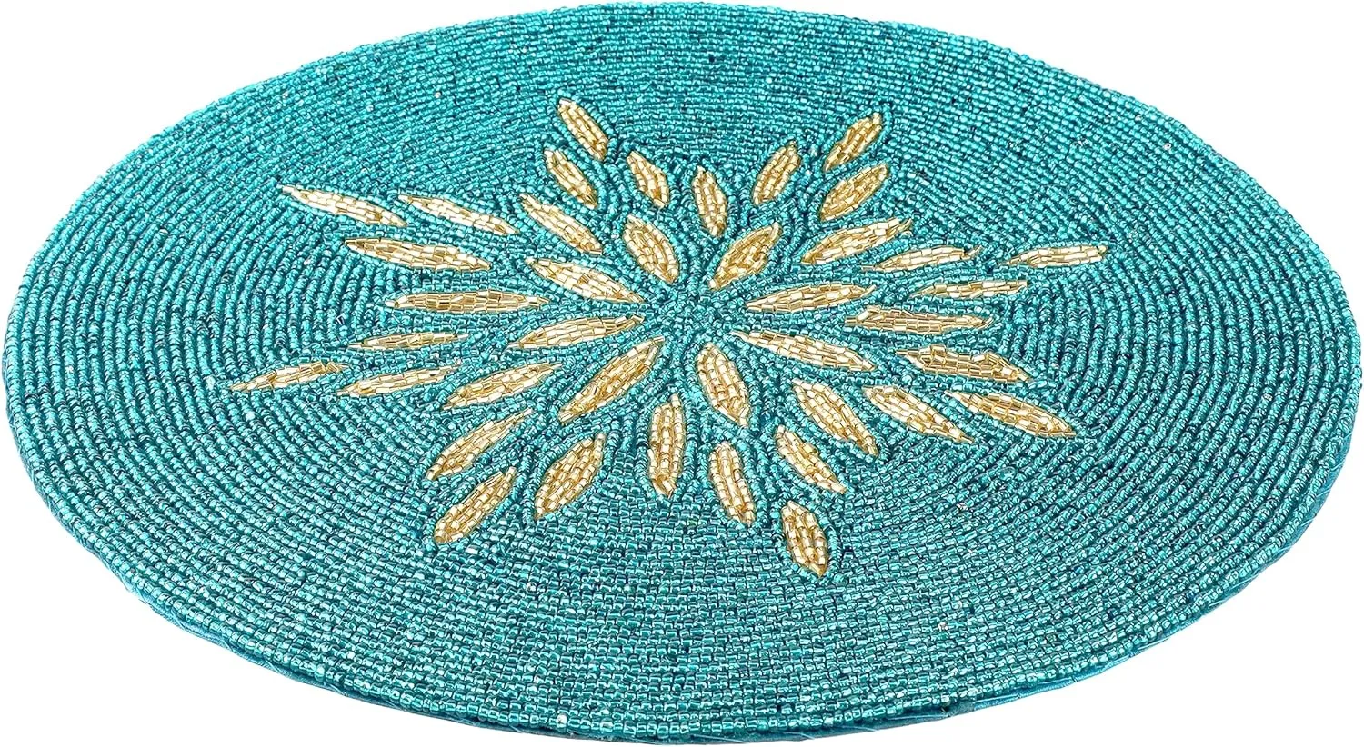 ALPHA Living HOME Beaded Table Mat - 13” Round Charger Plate | Handmade Beaded Placemats for Dining Table | Elegant Glass Bead & Polyester Design | Home & Kitchen Decor (Gold Teal)