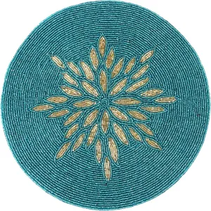 ALPHA Living HOME Beaded Table Mat - 13” Round Charger Plate | Handmade Beaded Placemats for Dining Table | Elegant Glass Bead & Polyester Design | Home & Kitchen Decor (Gold Teal)