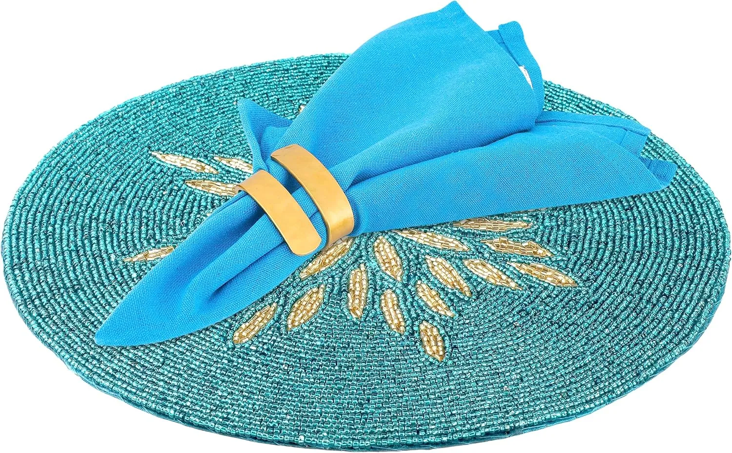 ALPHA Living HOME Beaded Table Mat - 13” Round Charger Plate | Handmade Beaded Placemats for Dining Table | Elegant Glass Bead & Polyester Design | Home & Kitchen Decor (Gold Teal)