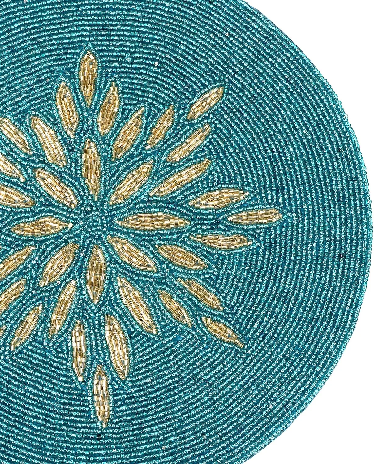 ALPHA Living HOME Beaded Table Mat - 13” Round Charger Plate | Handmade Beaded Placemats for Dining Table | Elegant Glass Bead & Polyester Design | Home & Kitchen Decor (Gold Teal)