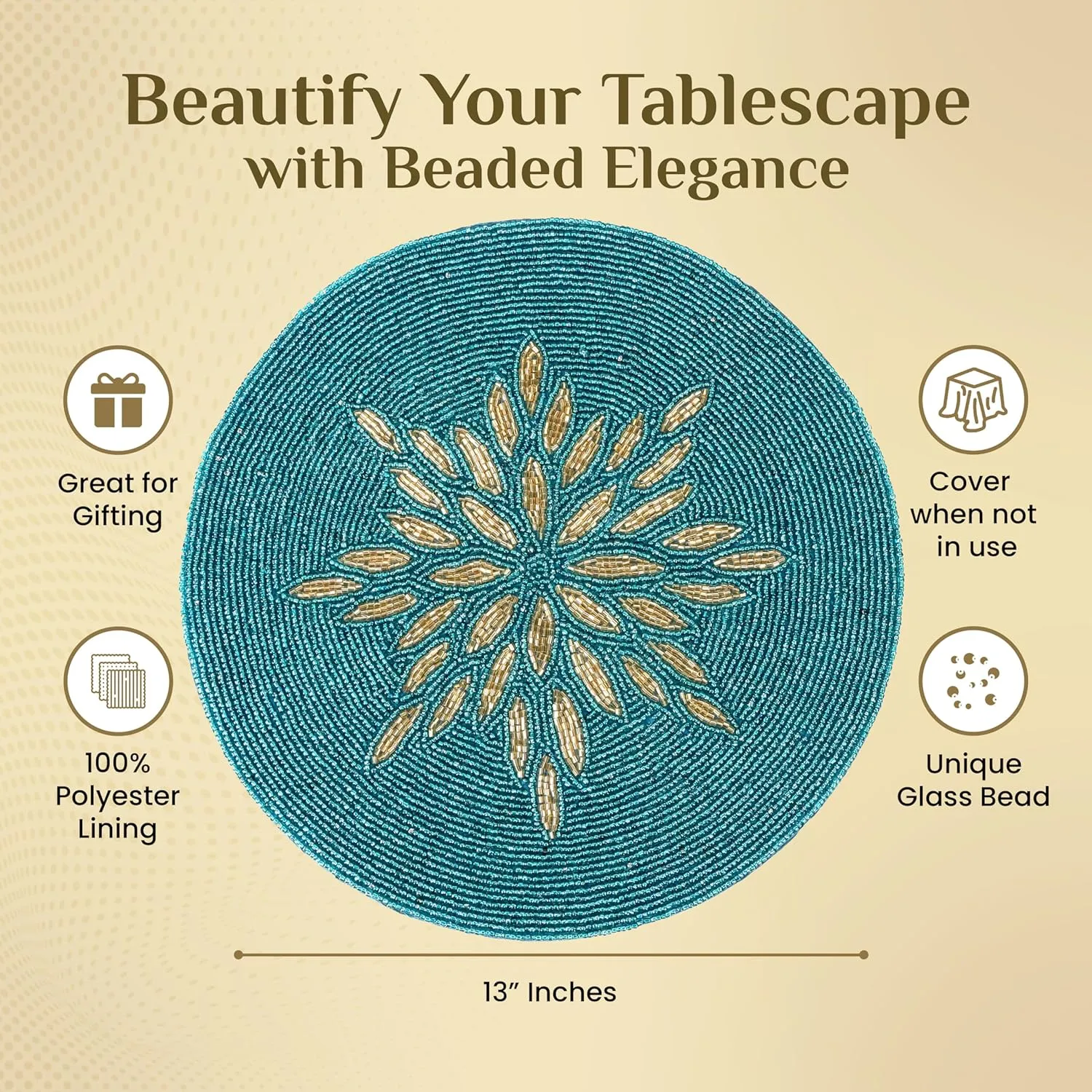 ALPHA Living HOME Beaded Table Mat - 13” Round Charger Plate | Handmade Beaded Placemats for Dining Table | Elegant Glass Bead & Polyester Design | Home & Kitchen Decor (Gold Teal)