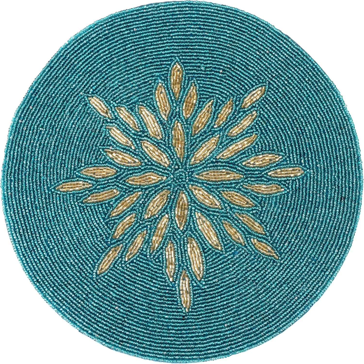 ALPHA Living HOME Beaded Table Mat - 13” Round Charger Plate | Handmade Beaded Placemats for Dining Table | Elegant Glass Bead & Polyester Design | Home & Kitchen Decor (Gold Teal)