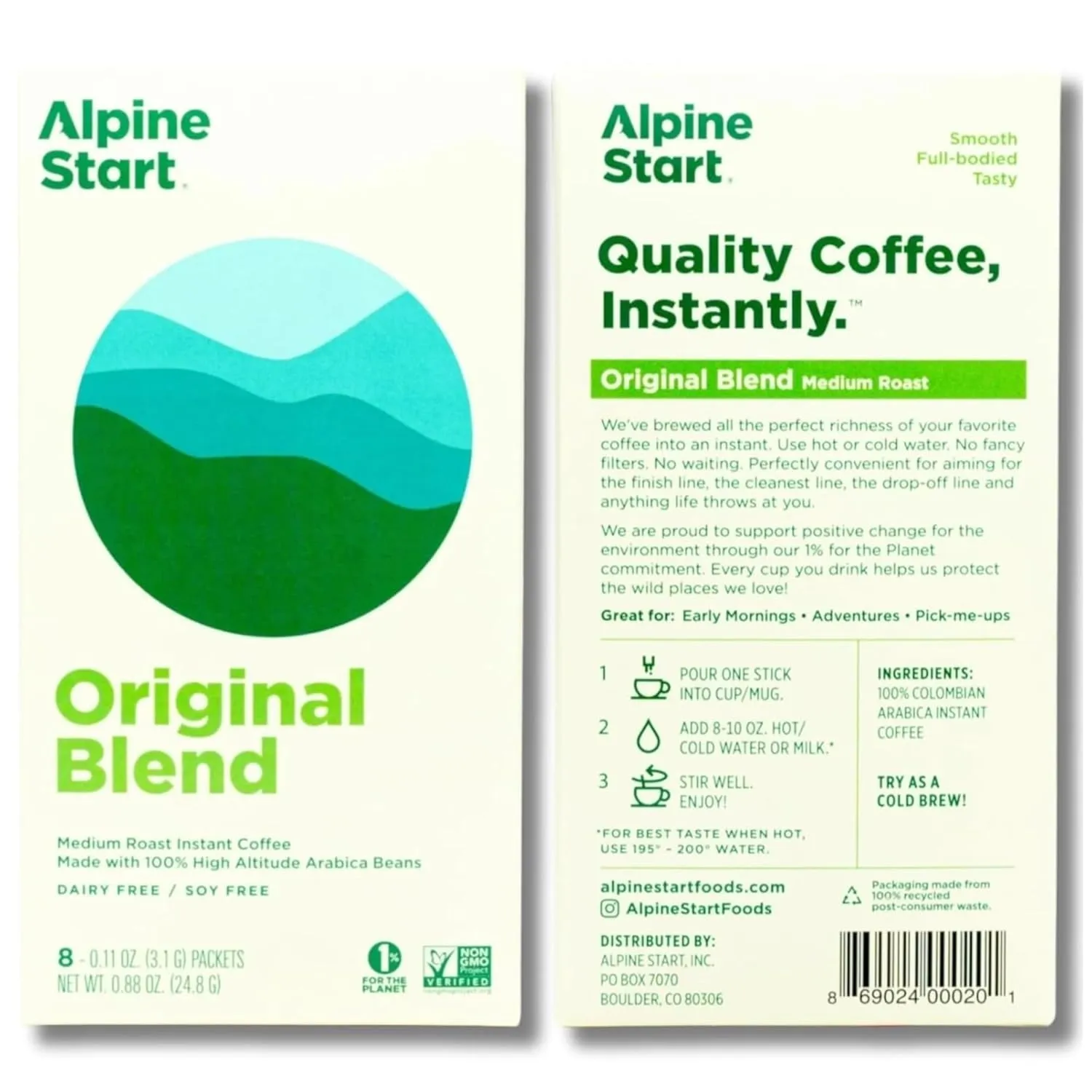 Alpine Start Instant Coffee Original Blend Medium Roast - Individual Powder Mix From High Altitude Arabica Coffee Beans - Hot or Cold Brew for Home, Travel, Hiking, Backpacking(0.11 OZ)Total 24 Sticks