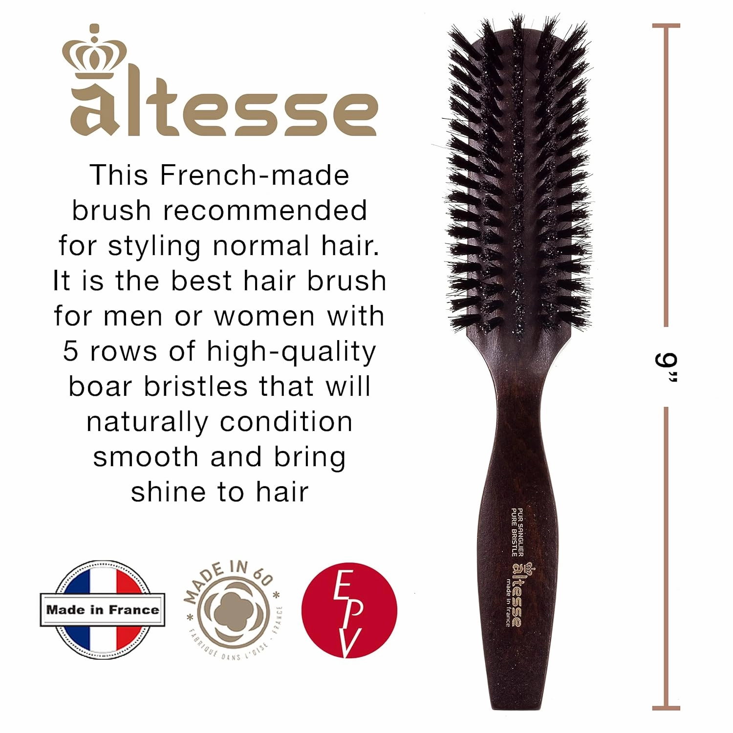 Altesse 1425P Narrow Natural Bristle Hair Brush Styling Brush with 5 Rows Boar Bristle Hair Brush Flat Beechwood Handle. Stiff Bristle Hair Brush for Men and Hair Brushes for Women Handmade in France