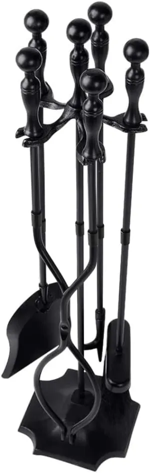 AMAGABELI GARDEN & HOME 5 Pcs Fireplace Tools Sets Black Handle Wrought Iron Large Fire Tool Set and Holder Outdoor Fireset Fire Pit Stand