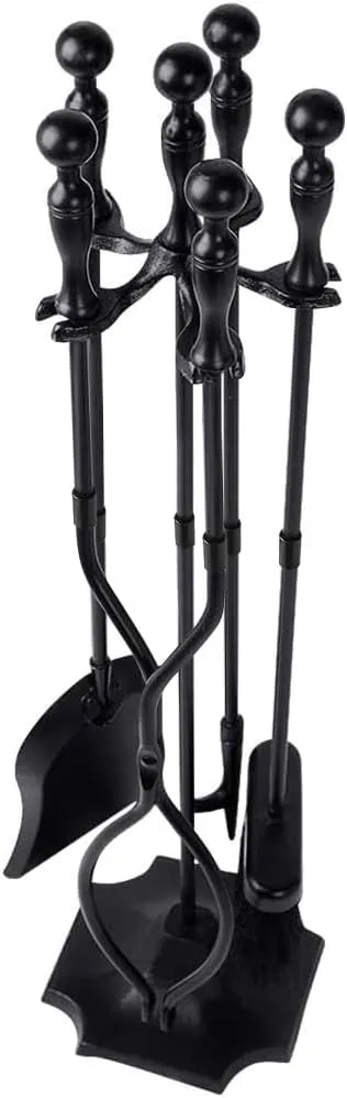 AMAGABELI GARDEN & HOME 5 Pcs Fireplace Tools Sets Black Handle Wrought Iron Large Fire Tool Set and Holder Outdoor Fireset Fire Pit Stand