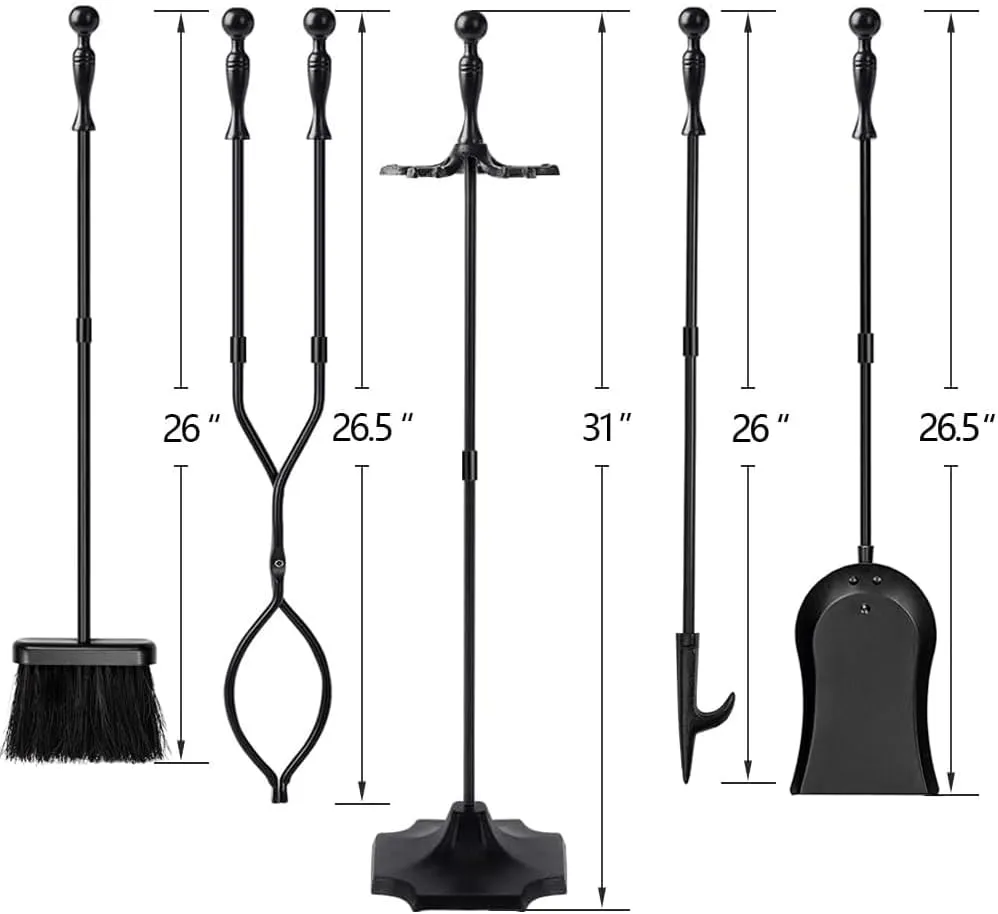 AMAGABELI GARDEN & HOME 5 Pcs Fireplace Tools Sets Black Handle Wrought Iron Large Fire Tool Set and Holder Outdoor Fireset Fire Pit Stand
