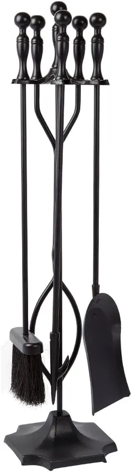 AMAGABELI GARDEN & HOME 5 Pcs Fireplace Tools Sets Black Handle Wrought Iron Large Fire Tool Set and Holder Outdoor Fireset Fire Pit Stand