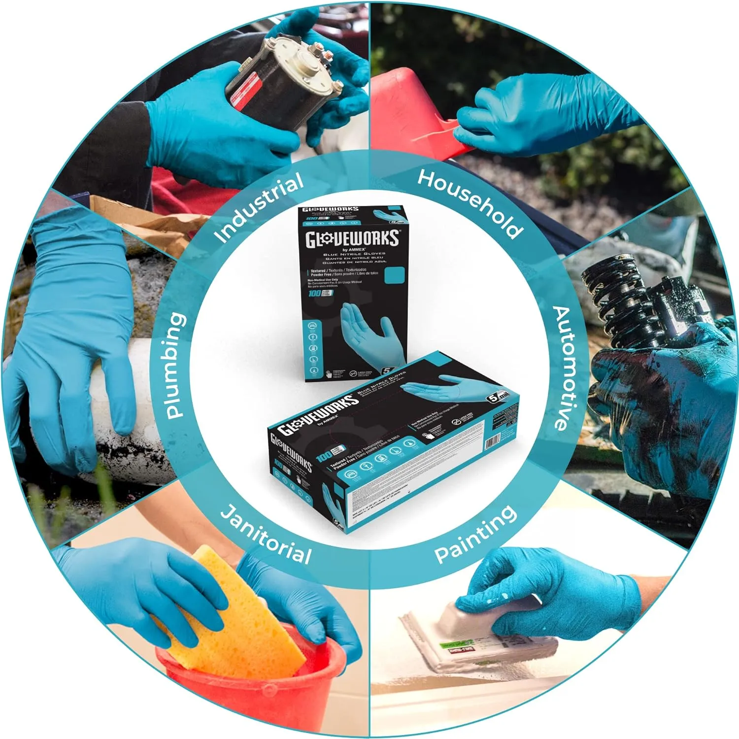 AMMEX Gloveworks Industrial Blue Nitrile Gloves, Case of 1000, 5 mil, Size Medium, Latex Free, Powder Free, Textured, Disposable, INPF44100