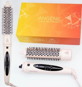 ANGENIL Heated Hair Brush - Voluming and Straightener 1.25inch Round Hot Hair Comb for Women, Tourmaline Ceramic Curling Iron, Frizz-Free, Negative Ion, Beachwave, Dual Voltage, Detachable, Pink