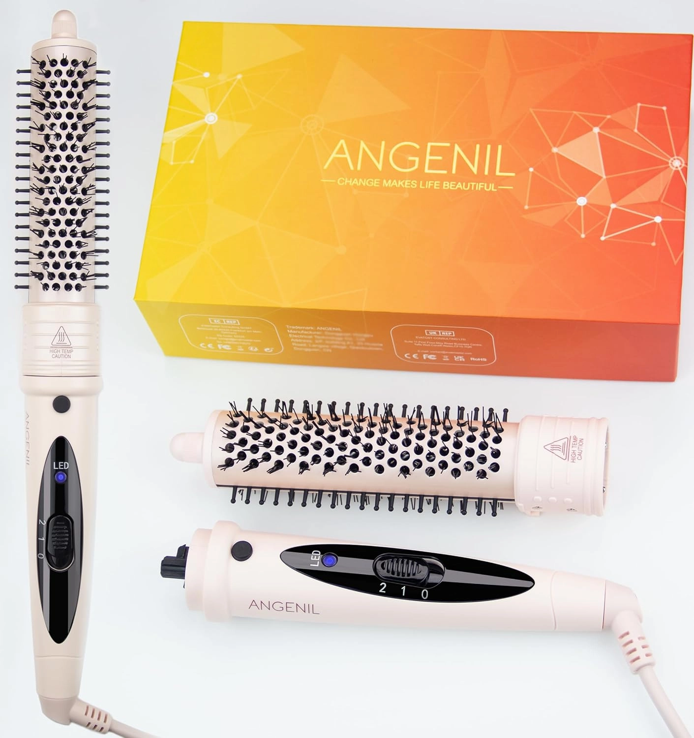 ANGENIL Heated Hair Brush - Voluming and Straightener 1.25inch Round Hot Hair Comb for Women, Tourmaline Ceramic Curling Iron, Frizz-Free, Negative Ion, Beachwave, Dual Voltage, Detachable, Pink