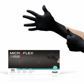 Ansell Microflex MidKnight MK-296 Disposable Nitrile Gloves for Mechanics, Auto, Cleaning, Tattoos w/Full Texture - Large, Black (Box of 100)