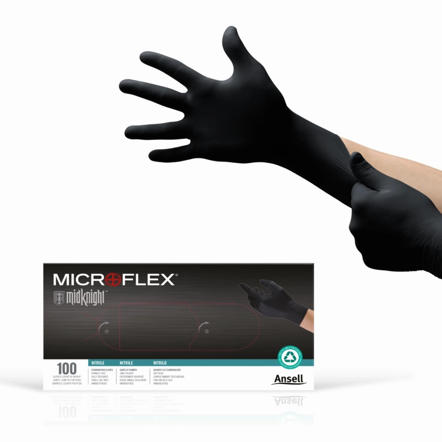 Ansell Microflex MidKnight MK-296 Disposable Nitrile Gloves for Mechanics, Auto, Cleaning, Tattoos w/Full Texture - Large, Black (Box of 100)