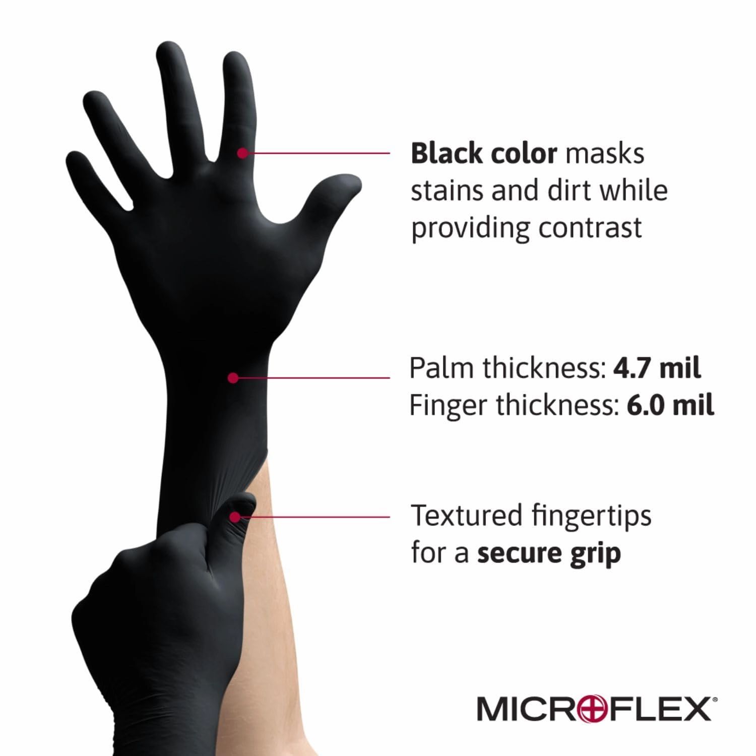 Ansell Microflex MidKnight MK-296 Disposable Nitrile Gloves for Mechanics, Auto, Cleaning, Tattoos w/Full Texture - Large, Black (Box of 100)