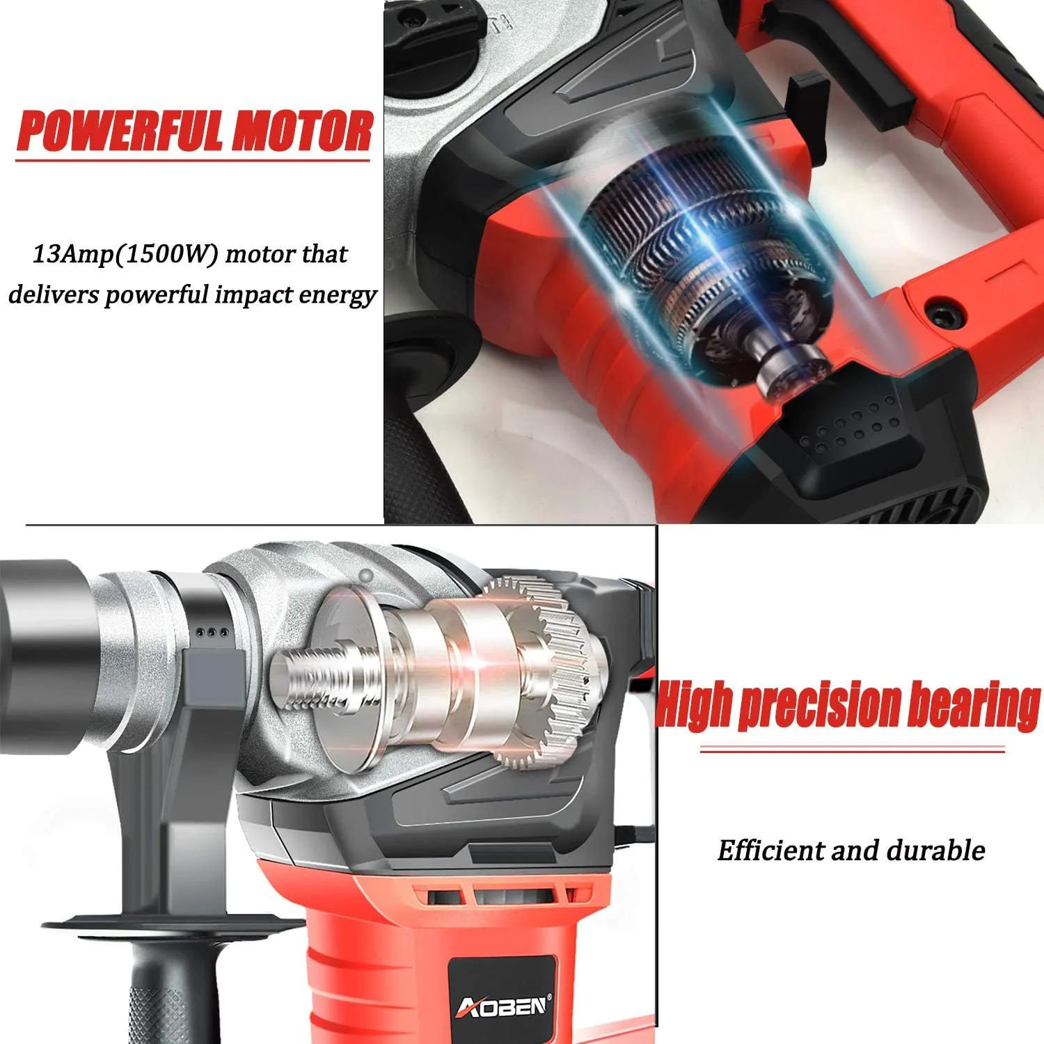 AOBEN Rotary Hammer Drill with Vibration Control and Safety Clutch,13 Amp Heavy Duty 1-1/4 Inch SDS-Plus Demolition Hammer for Concrete-Including 3 Drill Bits,Flat/Point Chisels.