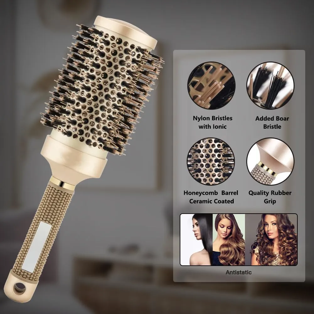 Aozzy 9Pcs Curly Hair Brush Set, Hair Brushes for Women, Round Brush for Blow Drying, Paddle Brush, Fit for Detangling Wet Long Thick Hair, Spray Bottle for Curly Wavy Hair, Family Daily Care (Golden)