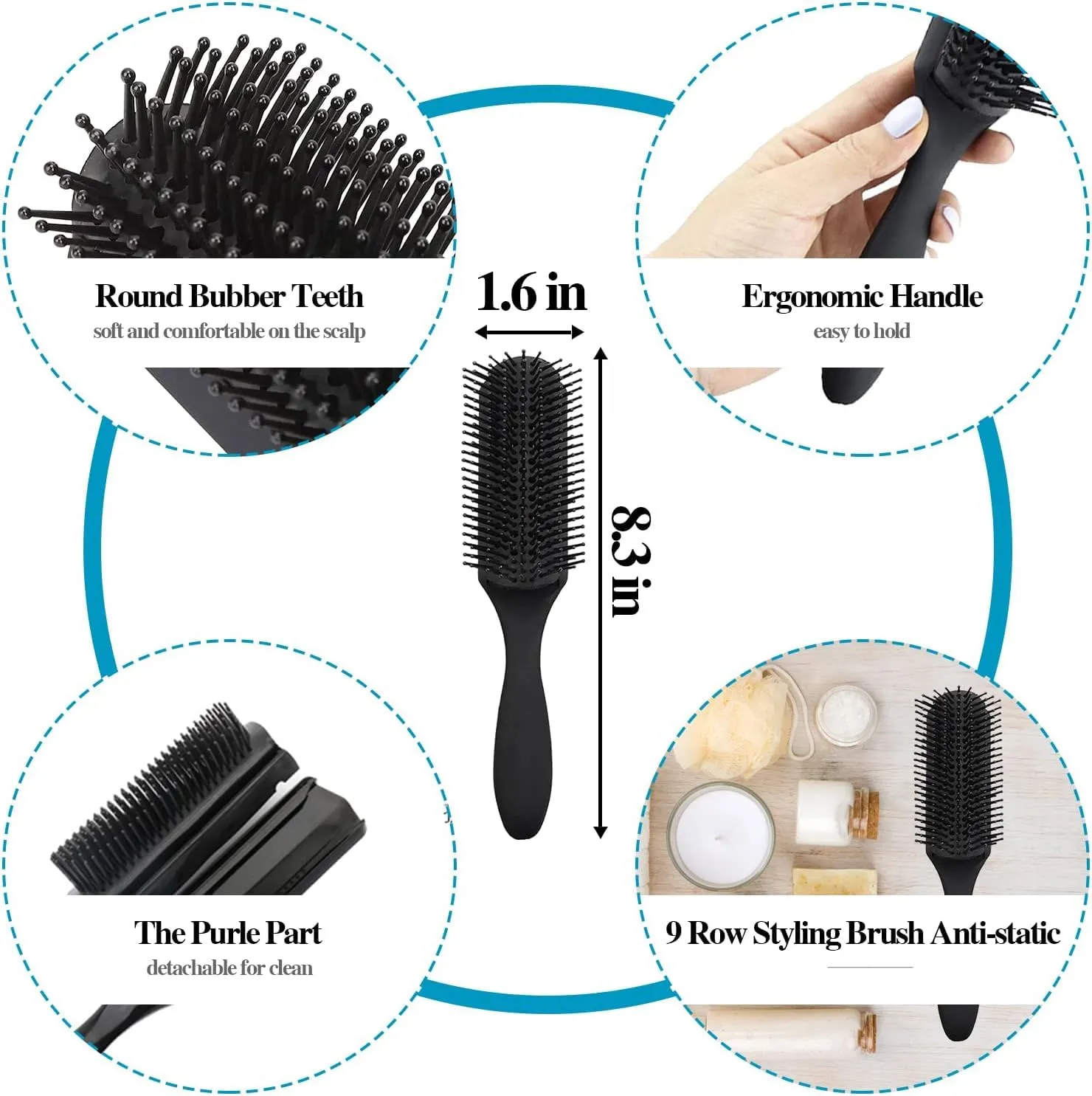 Aozzy 9Pcs Curly Hair Brush Set, Hair Brushes for Women, Round Brush for Blow Drying, Paddle Brush, Fit for Detangling Wet Long Thick Hair, Spray Bottle for Curly Wavy Hair, Family Daily Care (Golden)