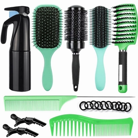 Aozzy 9Pcs Curly Hair Brush Set, Hair Brushes for Women, Round Brush for Blow Drying, Paddle Brush, Fit for Detangling Wet Long Thick Hair, Spray Bottle for Curly Wavy Hair, Family Daily Care（Green）