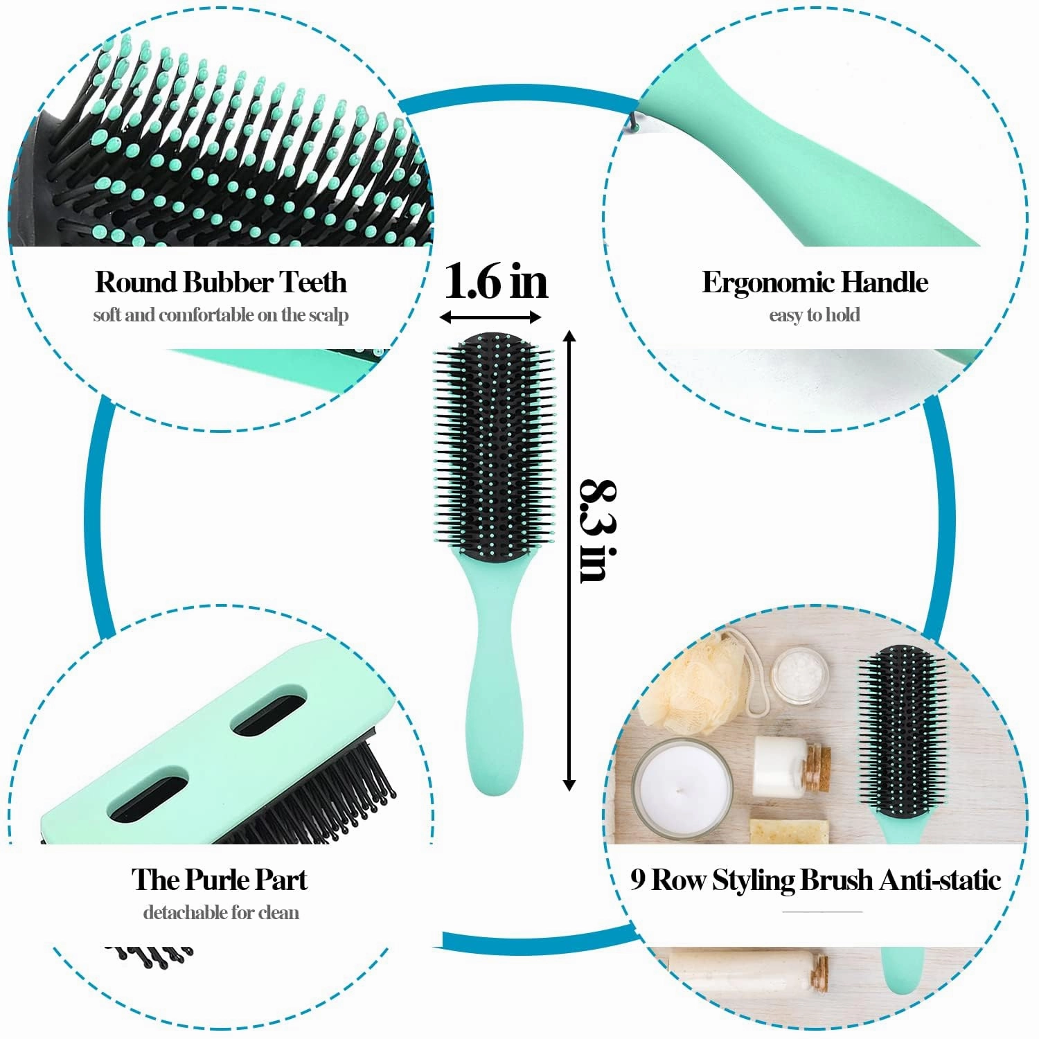 Aozzy 9Pcs Curly Hair Brush Set, Hair Brushes for Women, Round Brush for Blow Drying, Paddle Brush, Fit for Detangling Wet Long Thick Hair, Spray Bottle for Curly Wavy Hair, Family Daily Care（Green）