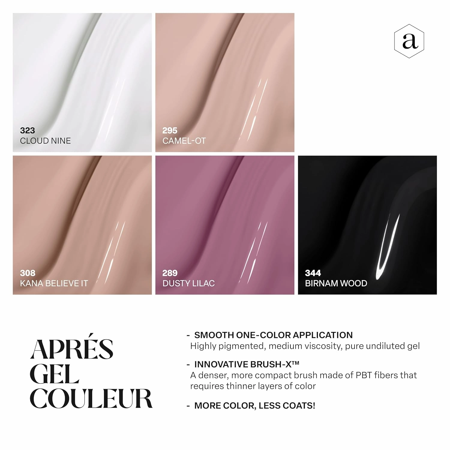 Apres Gel Couleur Combo Set, 5 Color Gel Nail Polish, Bright Nude Pastel Colors with Brush-X Nail Art Brush, 2024 Edition (Set 13)