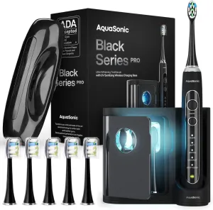Aquasonic Black Series PRO – Ultra Whitening Toothbrush w UV Sanitizing Base – 5 Modes & Smart Timers – Premium Travel Case – Power Toothbrush – ADA Approved Toothbrush