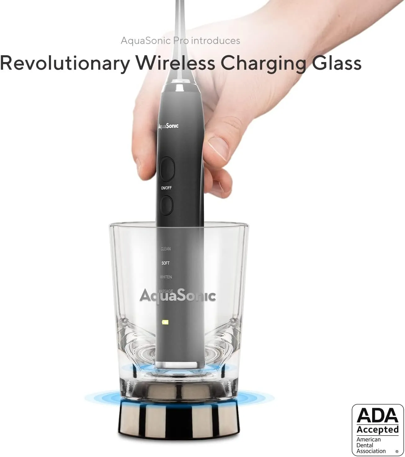 Aquasonic Black Series  - Ultra Whitening 40,000 VPM Rechargeable Electric Toothbrush – ADA Accepted - Wireless Charging Glass - 6 Proflex Brush Heads & Travel Case – 4 Modes & Smart Timer