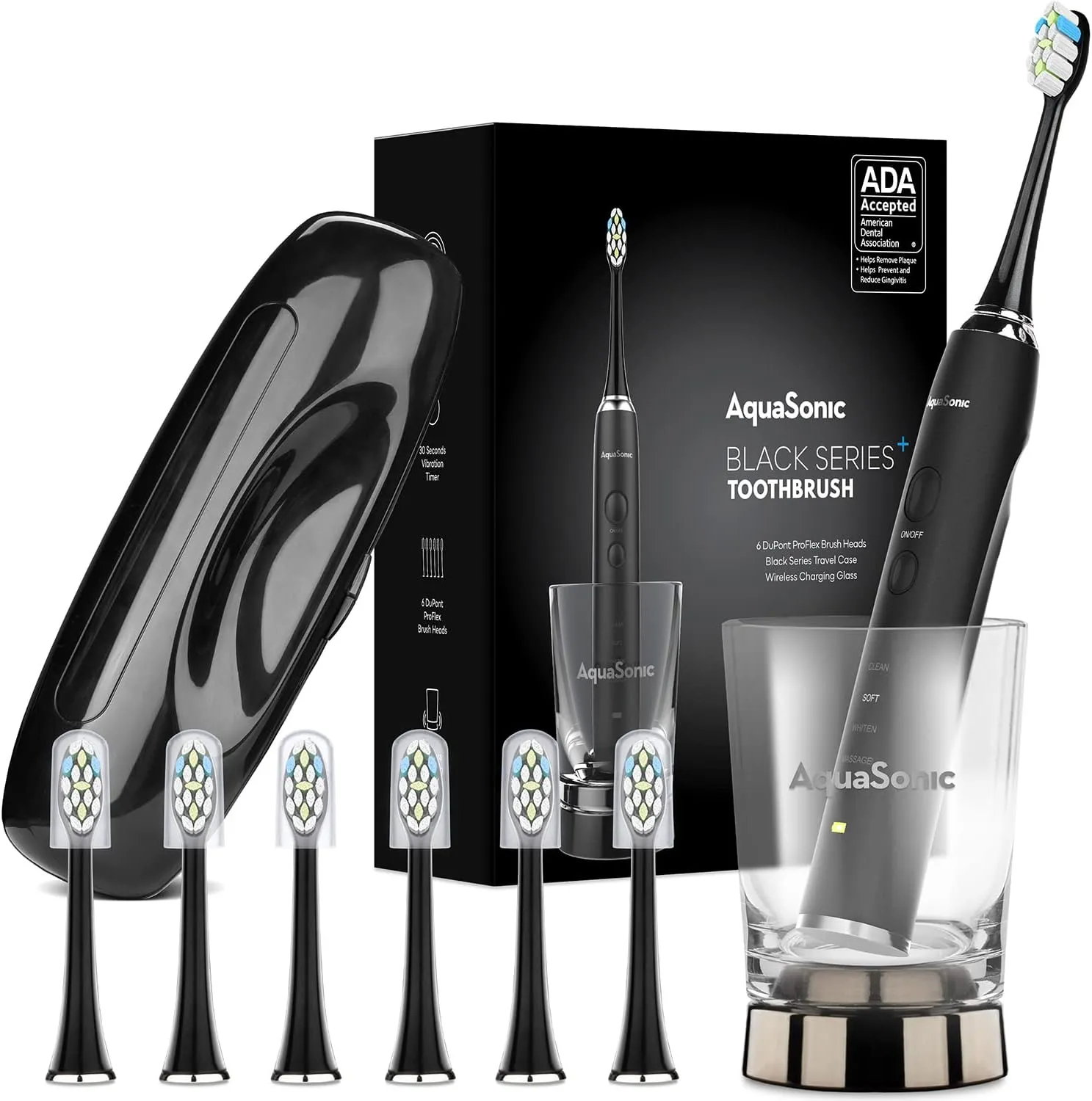 Aquasonic Black Series  - Ultra Whitening 40,000 VPM Rechargeable Electric Toothbrush – ADA Accepted - Wireless Charging Glass - 6 Proflex Brush Heads & Travel Case – 4 Modes & Smart Timer