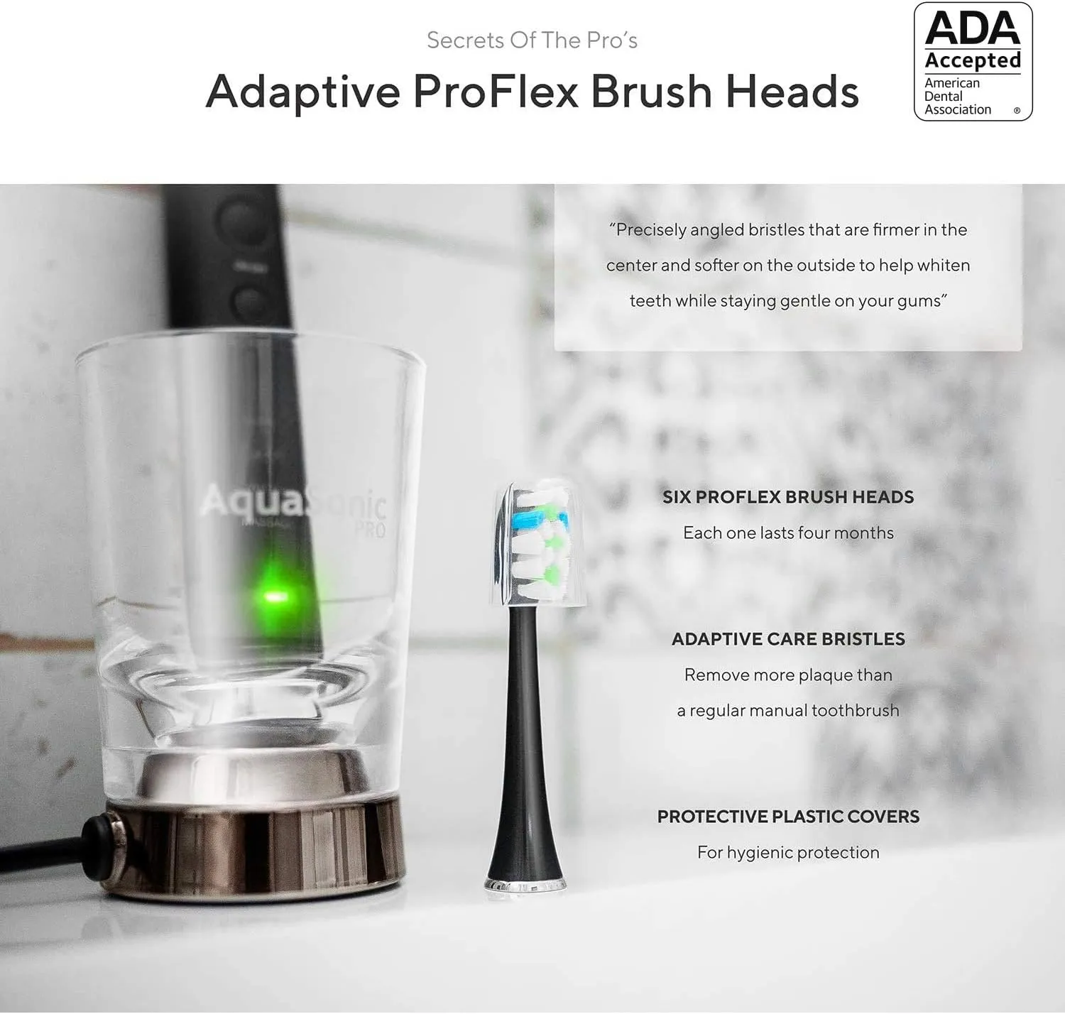 Aquasonic Black Series  - Ultra Whitening 40,000 VPM Rechargeable Electric Toothbrush – ADA Accepted - Wireless Charging Glass - 6 Proflex Brush Heads & Travel Case – 4 Modes & Smart Timer