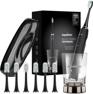 Aquasonic Black Series  - Ultra Whitening 40,000 VPM Rechargeable Electric Toothbrush – ADA Accepted - Wireless Charging Glass - 6 Proflex Brush Heads & Travel Case – 4 Modes & Smart Timer