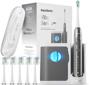 Aquasonic Vibe Series PRO – Ultra-Whitening Electric Toothbrush – 5 Modes & Smart Timers – UV Sanitizing Base – ADA Accepted (Charcoal Metallic)