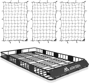 ARKSEN 84 x 50 x 6 Inch Universal Extra Wide 250LB Heavy Duty Roof Rack Cargo with Three Cargo Nets, Car Top Luggage Holder Carrier Basket for SUV, Truck, & Car Steel Construction