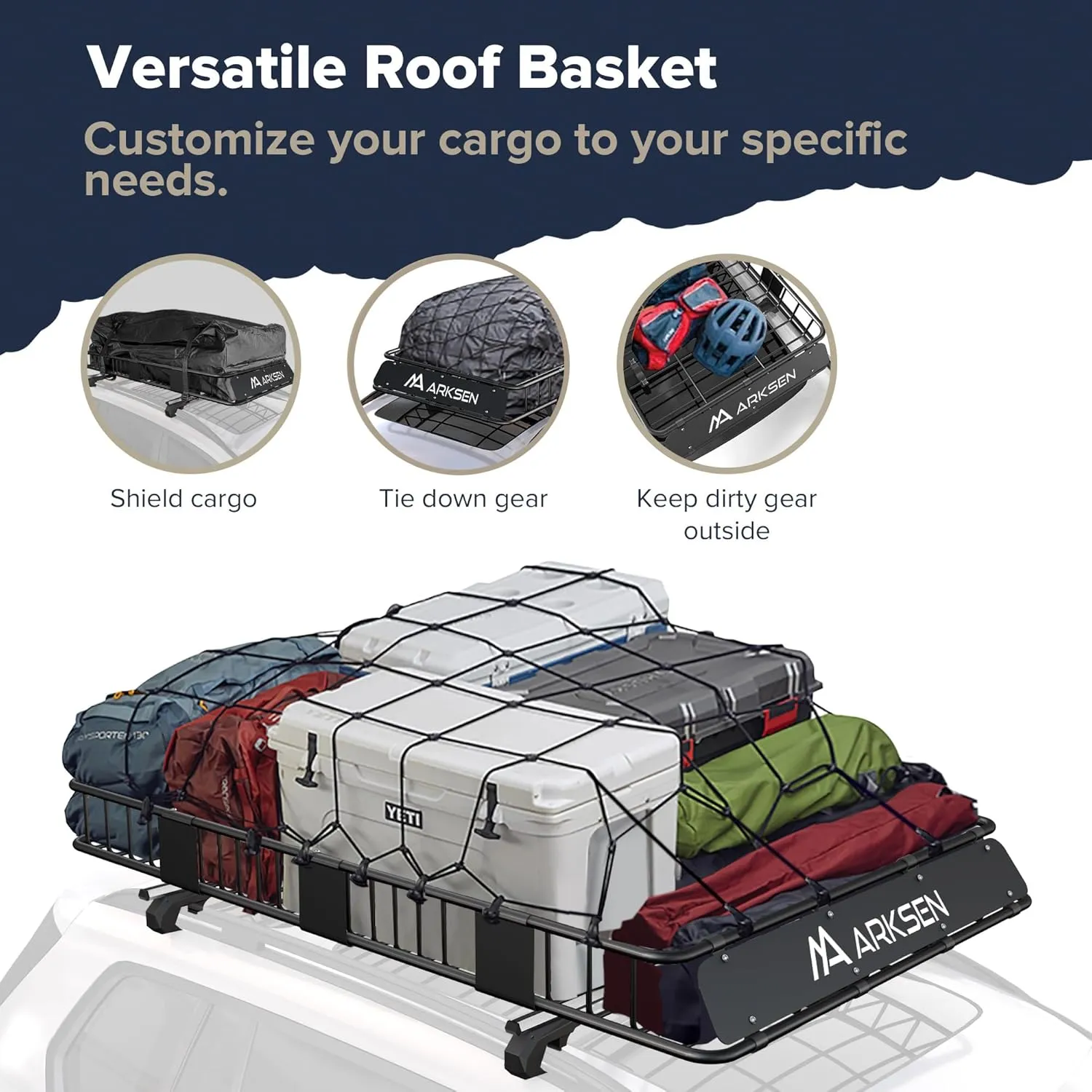 ARKSEN 84 x 50 x 6 Inch Universal Extra Wide 250LB Heavy Duty Roof Rack Cargo with Three Cargo Nets, Car Top Luggage Holder Carrier Basket for SUV, Truck, & Car Steel Construction