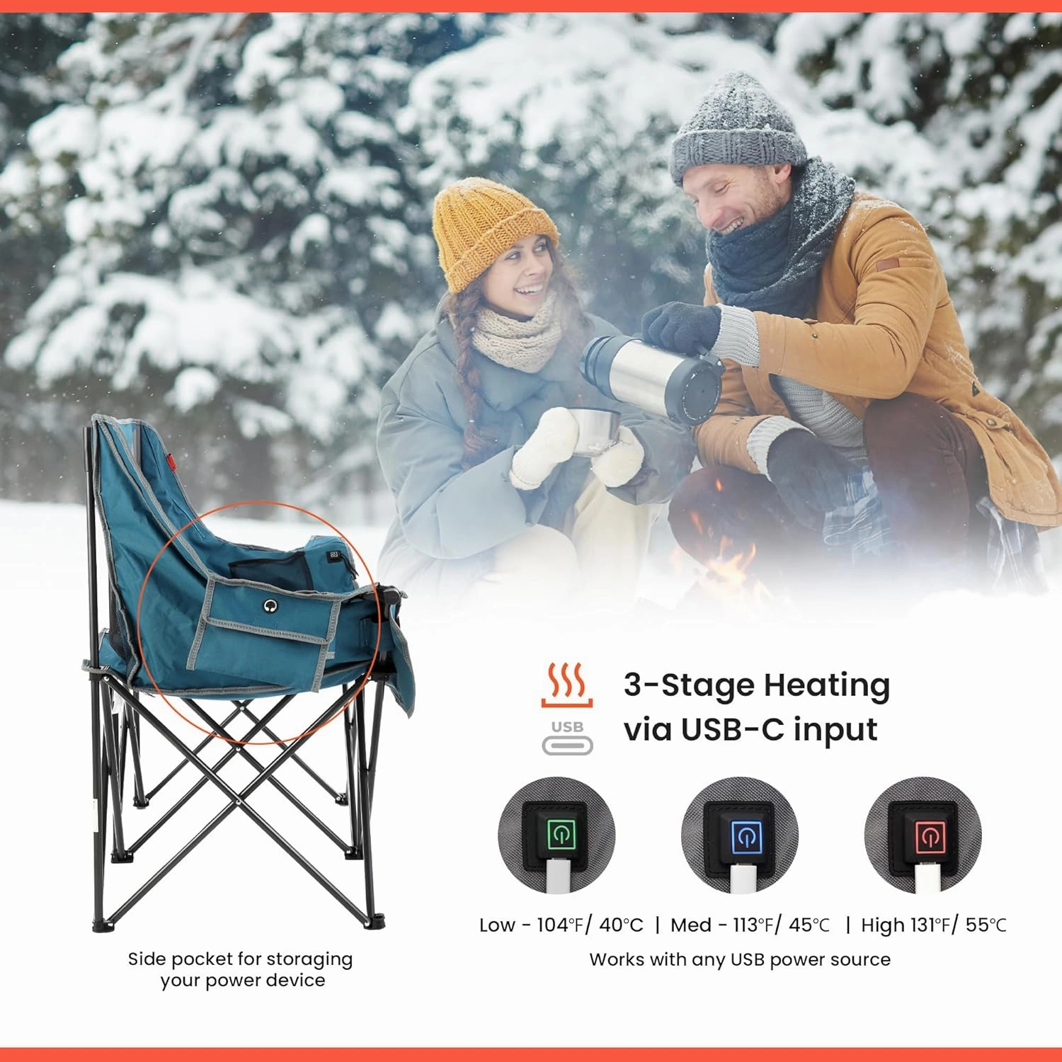 ARROWHEAD OUTDOOR 57" Wide Duo Foldable Heated Camping Loveseat Chair with 3-Stage Heating, Large Cup Holders, Glass Holders, Side Pockets, and Storage Pouches