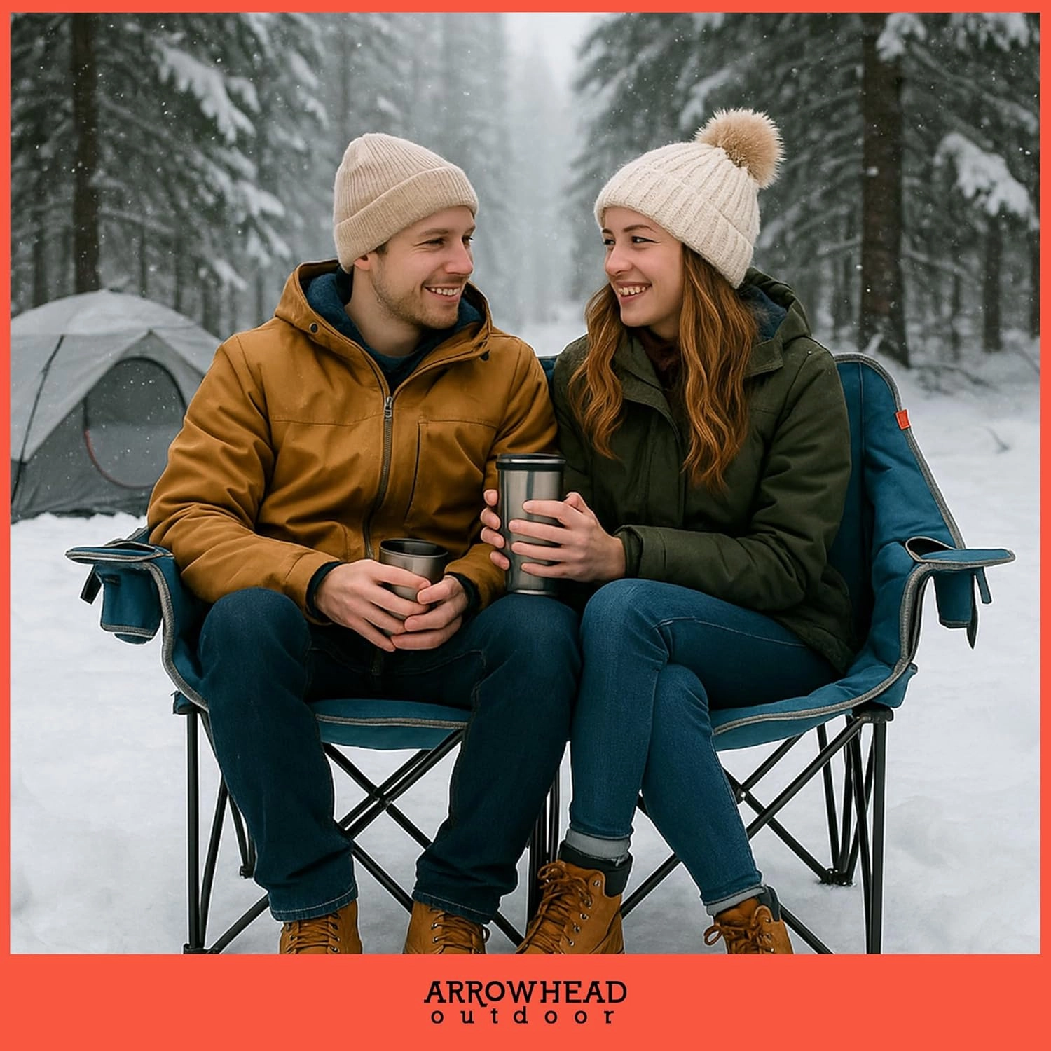 ARROWHEAD OUTDOOR 57" Wide Duo Foldable Heated Camping Loveseat Chair with 3-Stage Heating, Large Cup Holders, Glass Holders, Side Pockets, and Storage Pouches