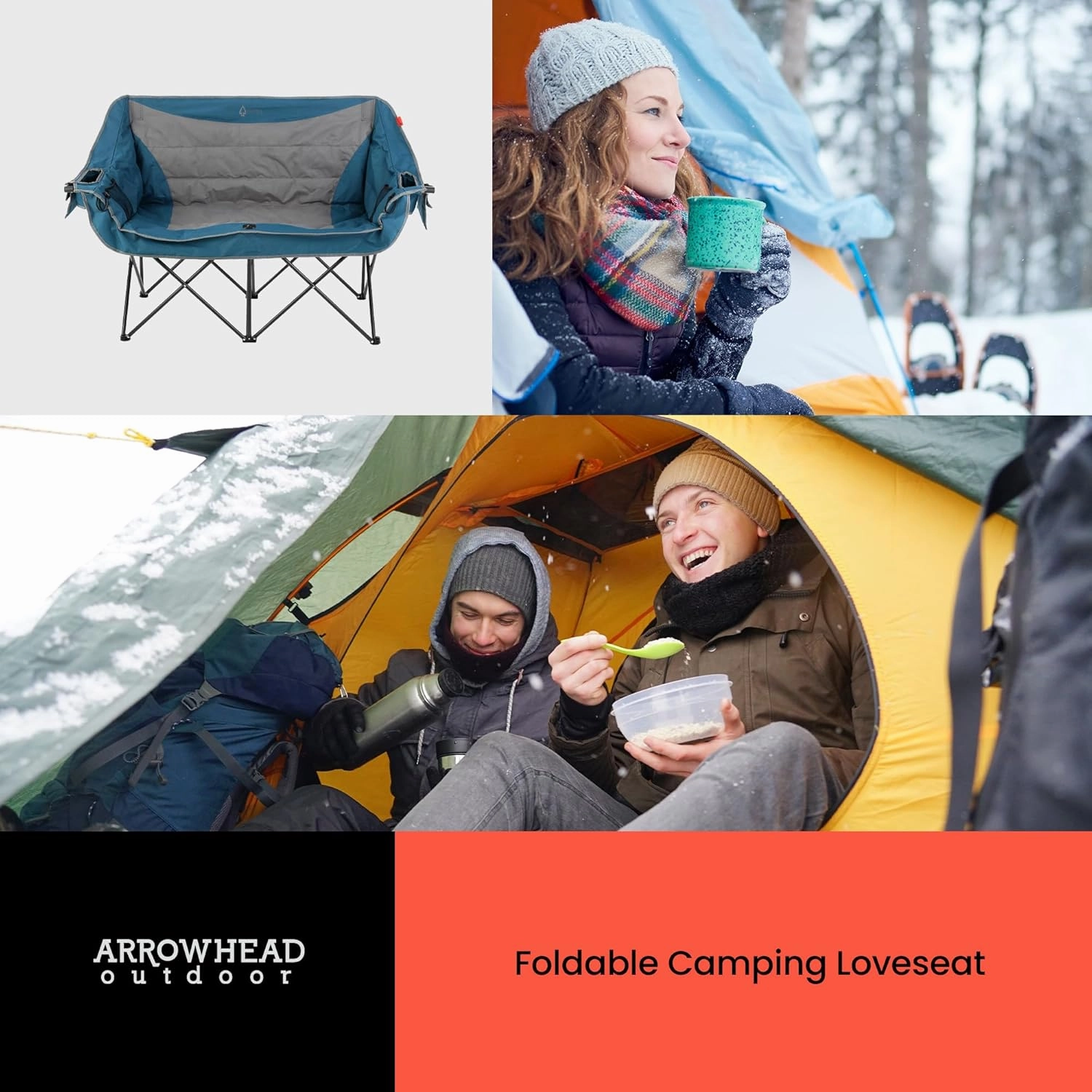 ARROWHEAD OUTDOOR 57" Wide Duo Foldable Heated Camping Loveseat Chair with 3-Stage Heating, Large Cup Holders, Glass Holders, Side Pockets, and Storage Pouches