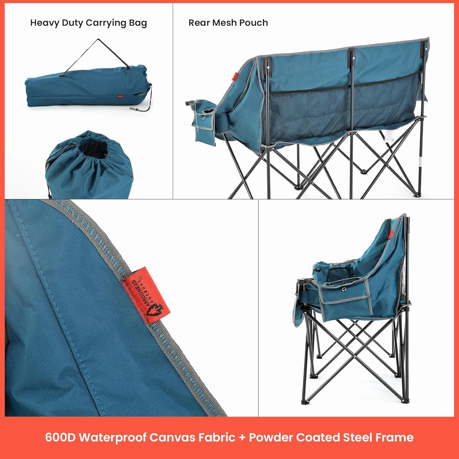 ARROWHEAD OUTDOOR 57" Wide Duo Foldable Heated Camping Loveseat Chair with 3-Stage Heating, Large Cup Holders, Glass Holders, Side Pockets, and Storage Pouches