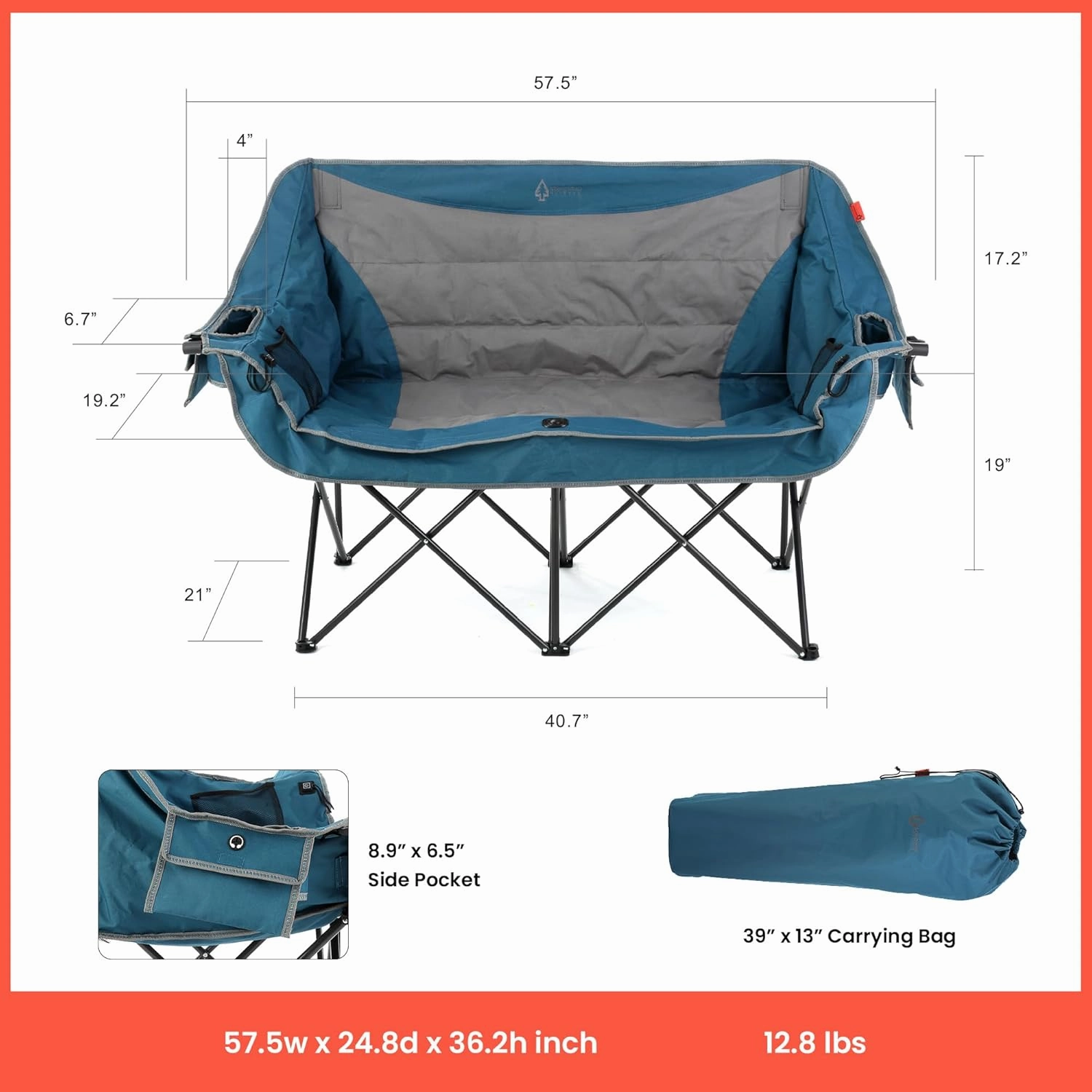 ARROWHEAD OUTDOOR 57" Wide Duo Foldable Heated Camping Loveseat Chair with 3-Stage Heating, Large Cup Holders, Glass Holders, Side Pockets, and Storage Pouches
