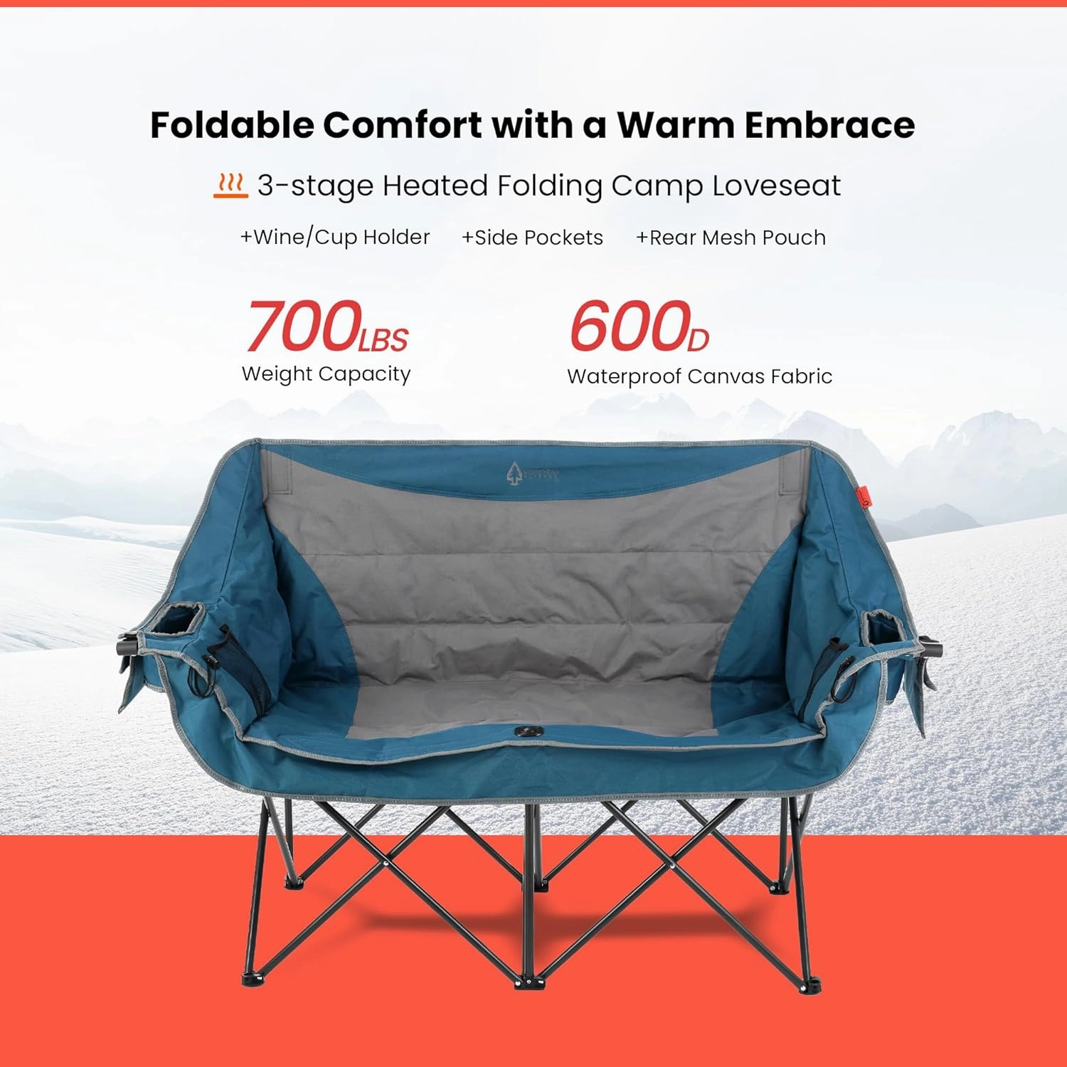 ARROWHEAD OUTDOOR 57" Wide Duo Foldable Heated Camping Loveseat Chair with 3-Stage Heating, Large Cup Holders, Glass Holders, Side Pockets, and Storage Pouches