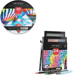 Arteza Watercolor Paper, 7-Inch Diameter, 20 Round Sheets and Real Brush Pens, 24 Colors for Watercolor Painting with Flexible Nylon Brush Tips, Art Supplies for Mixed Media and Watercolor Techniques