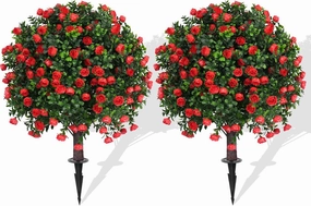 Artificial Rose Topiary Ball Trees with Ground Spike, 2 Pack 16 Inches UV Resistant Artificial Shrubs, Fake Evergreen Artificial Plant Brush for Indoor Outdoor Front Porch Garden