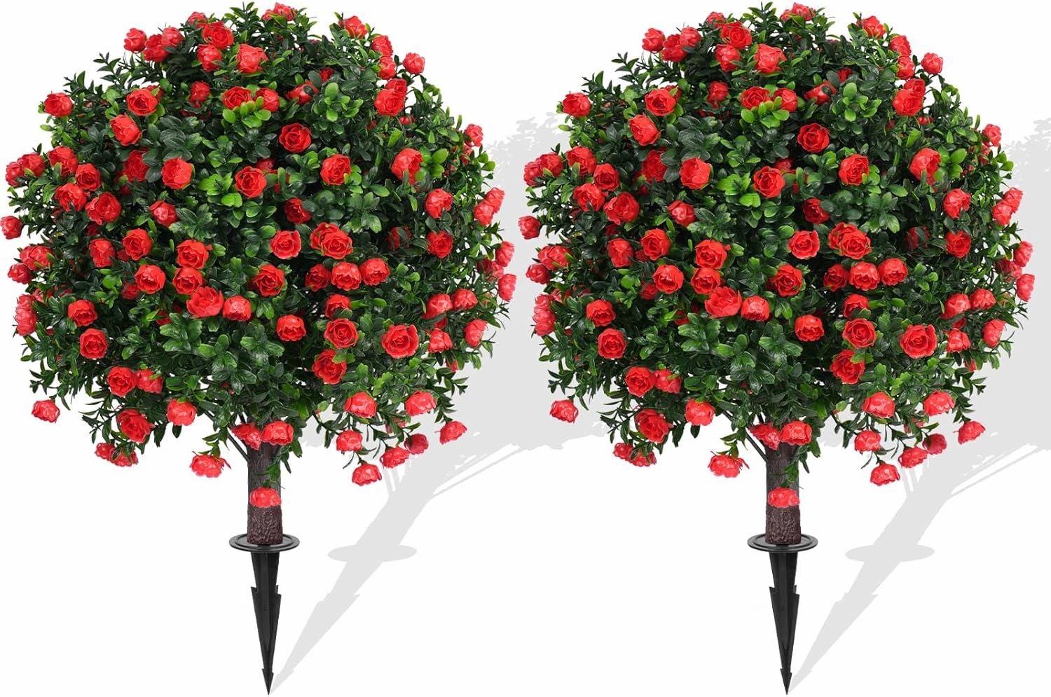 Artificial Rose Topiary Ball Trees with Ground Spike, 2 Pack 16 Inches UV Resistant Artificial Shrubs, Fake Evergreen Artificial Plant Brush for Indoor Outdoor Front Porch Garden