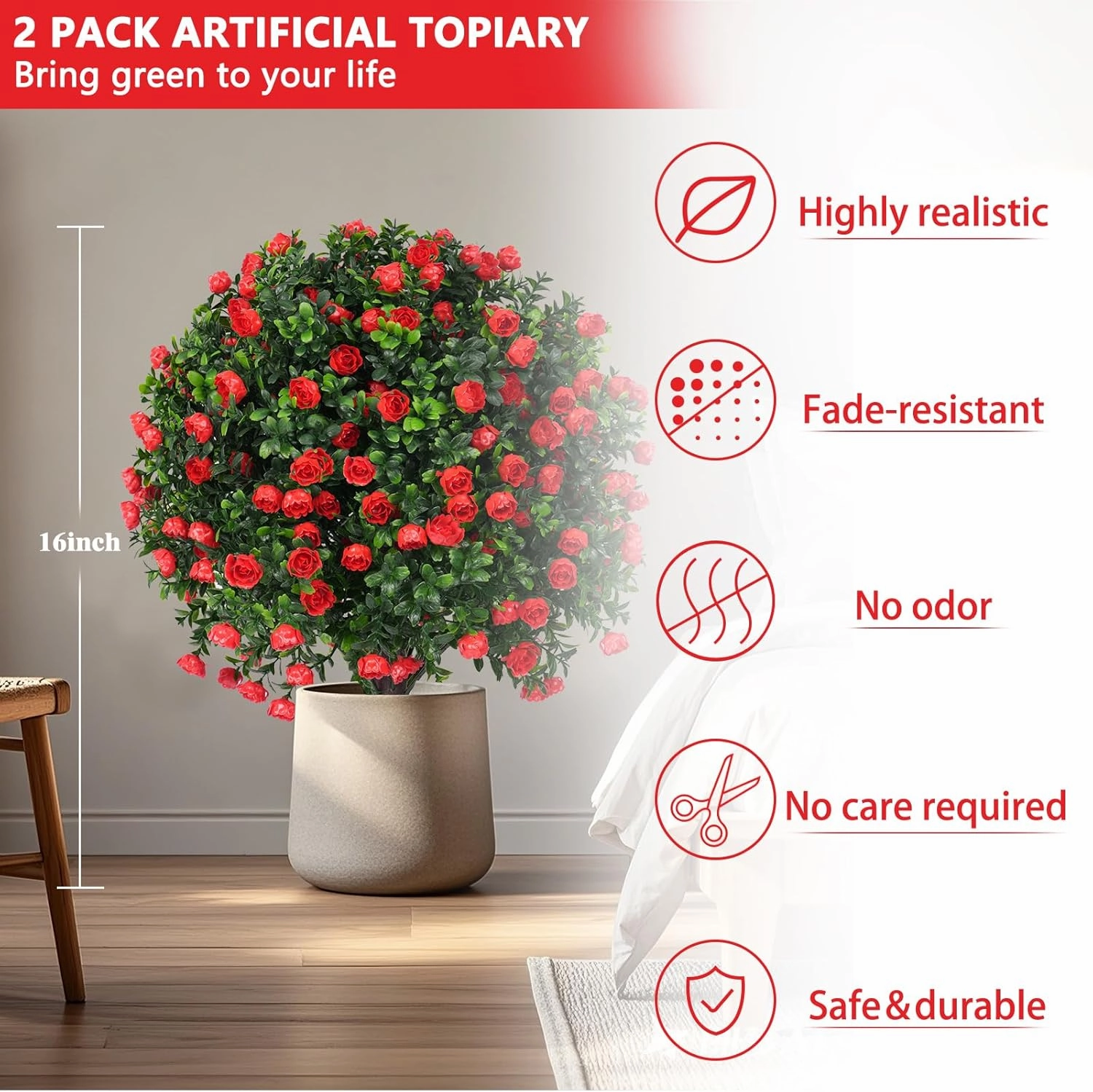 Artificial Rose Topiary Ball Trees with Ground Spike, 2 Pack 16 Inches UV Resistant Artificial Shrubs, Fake Evergreen Artificial Plant Brush for Indoor Outdoor Front Porch Garden