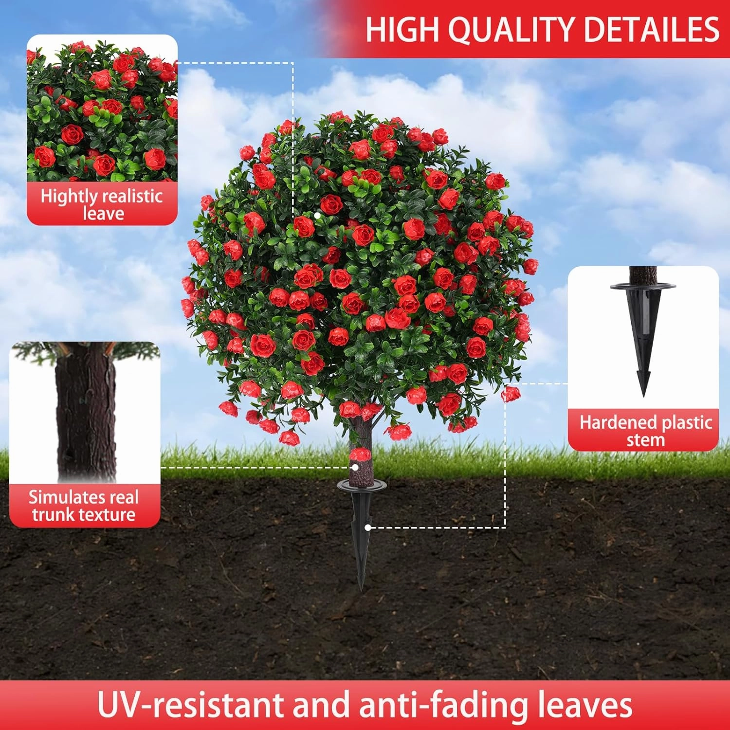 Artificial Rose Topiary Ball Trees with Ground Spike, 2 Pack 16 Inches UV Resistant Artificial Shrubs, Fake Evergreen Artificial Plant Brush for Indoor Outdoor Front Porch Garden