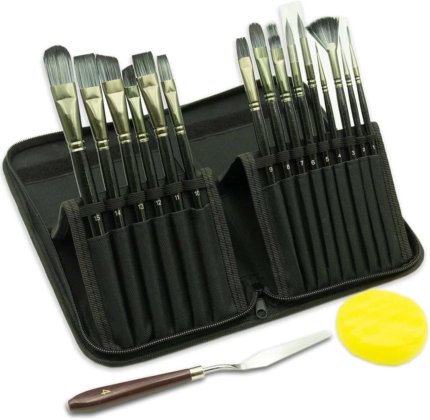 Artist 15 Pieces Paint Brush Set, Includes Carrying Case with Palette Knife and 1 Sponges for Acrylic, Oil, Watercolor and Gouache Painting Black