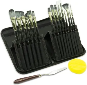 Artist 15 Pieces Paint Brush Set, Includes Carrying Case with Palette Knife and 1 Sponges for Acrylic, Oil, Watercolor and Gouache Painting Black