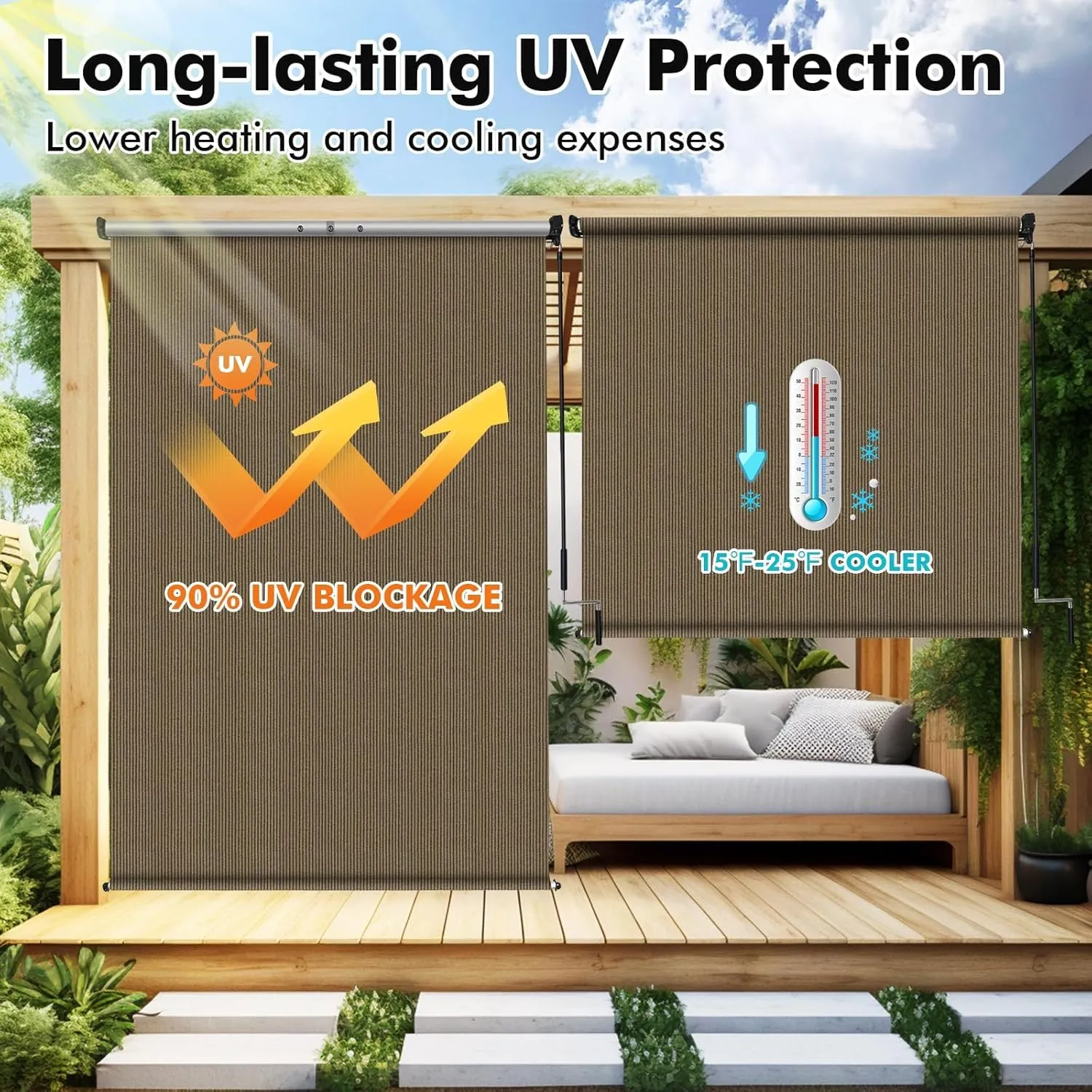 Artpuch Outdoor Roller Shade 8'(W) x6'(H) Fabric Blind Walnut 220GSM Roll Up Shade, Wand Operation Exterior Roller Shade Cloth for Patio Porch Gazebo, Spliced of Two Sections