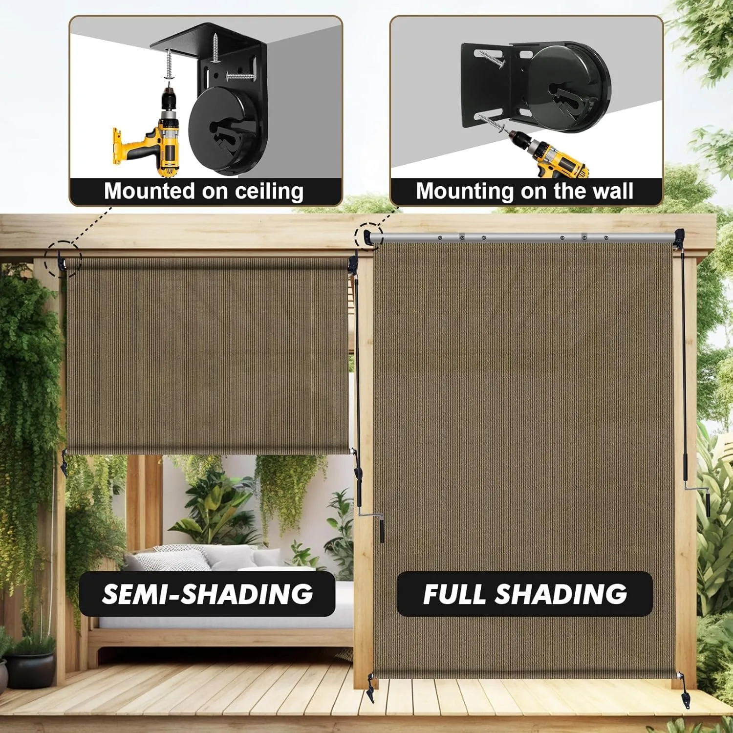 Artpuch Outdoor Roller Shade 8'(W) x6'(H) Fabric Blind Walnut 220GSM Roll Up Shade, Wand Operation Exterior Roller Shade Cloth for Patio Porch Gazebo, Spliced of Two Sections