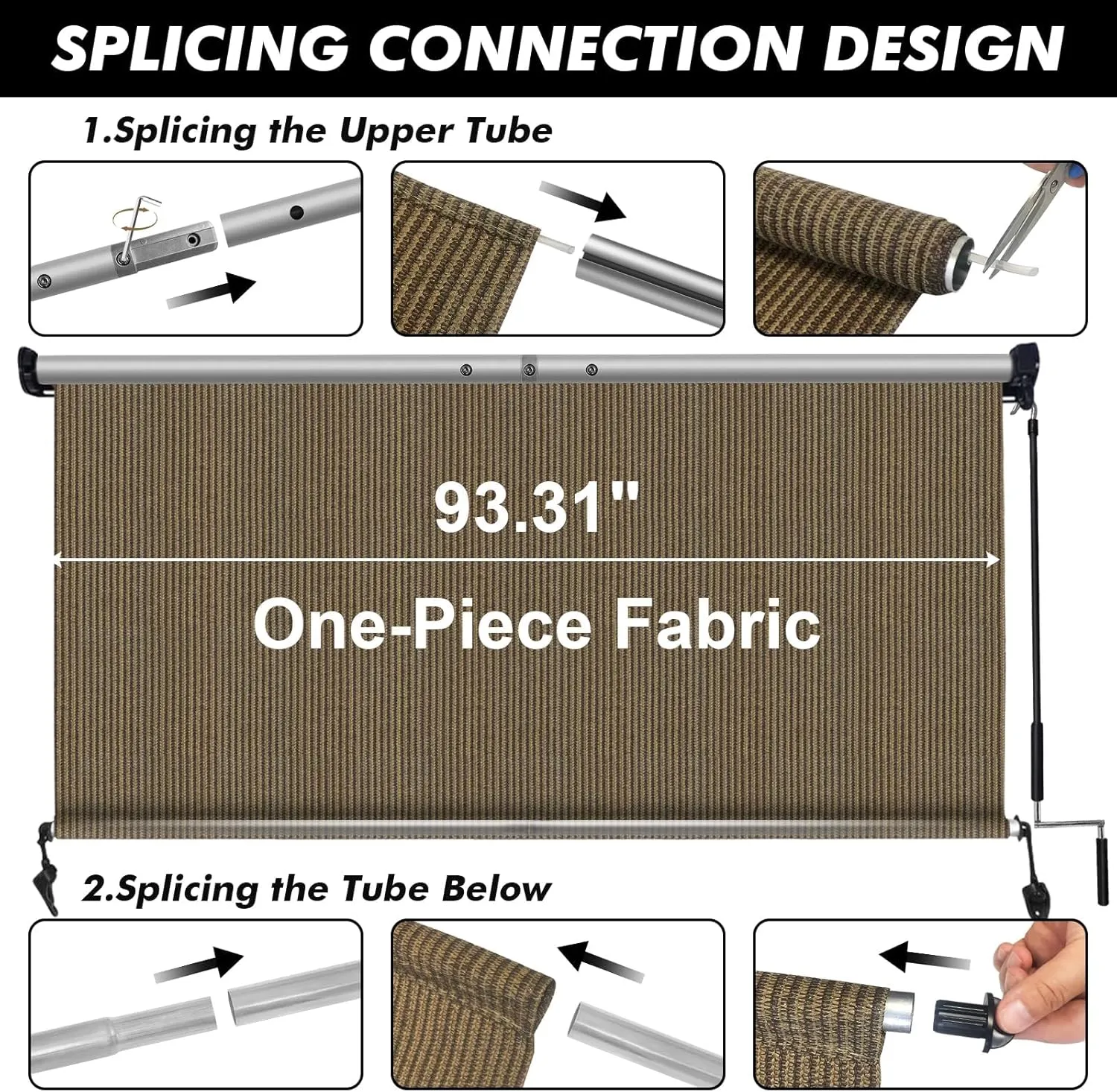 Artpuch Outdoor Roller Shade 8'(W) x6'(H) Fabric Blind Walnut 220GSM Roll Up Shade, Wand Operation Exterior Roller Shade Cloth for Patio Porch Gazebo, Spliced of Two Sections