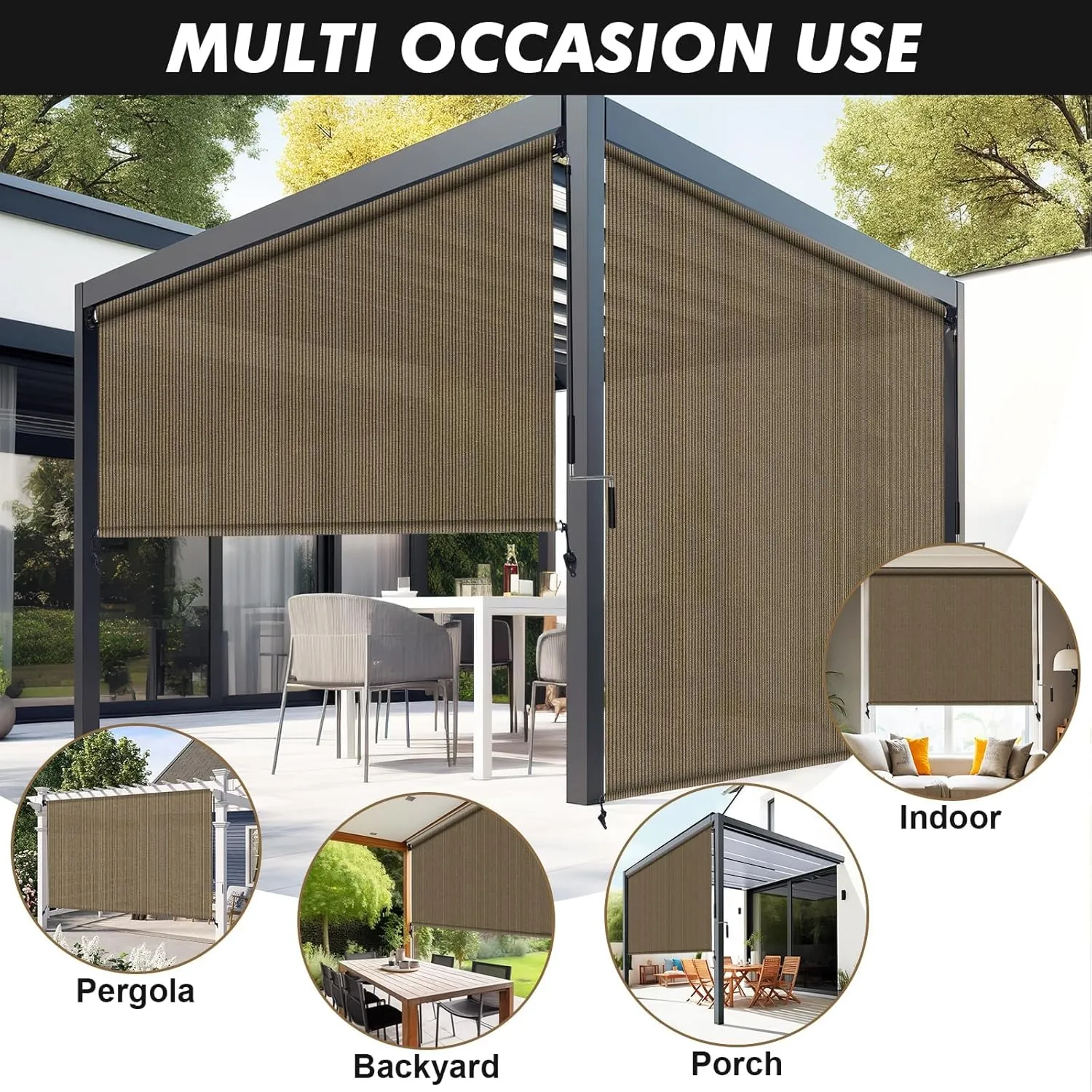 Artpuch Outdoor Roller Shade 8'(W) x6'(H) Fabric Blind Walnut 220GSM Roll Up Shade, Wand Operation Exterior Roller Shade Cloth for Patio Porch Gazebo, Spliced of Two Sections